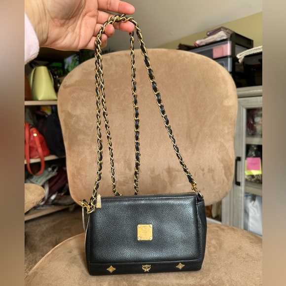 MCM Black Leather w/ Gold Chain Crossbody Bag, Good Condition - Picture 3 of 15